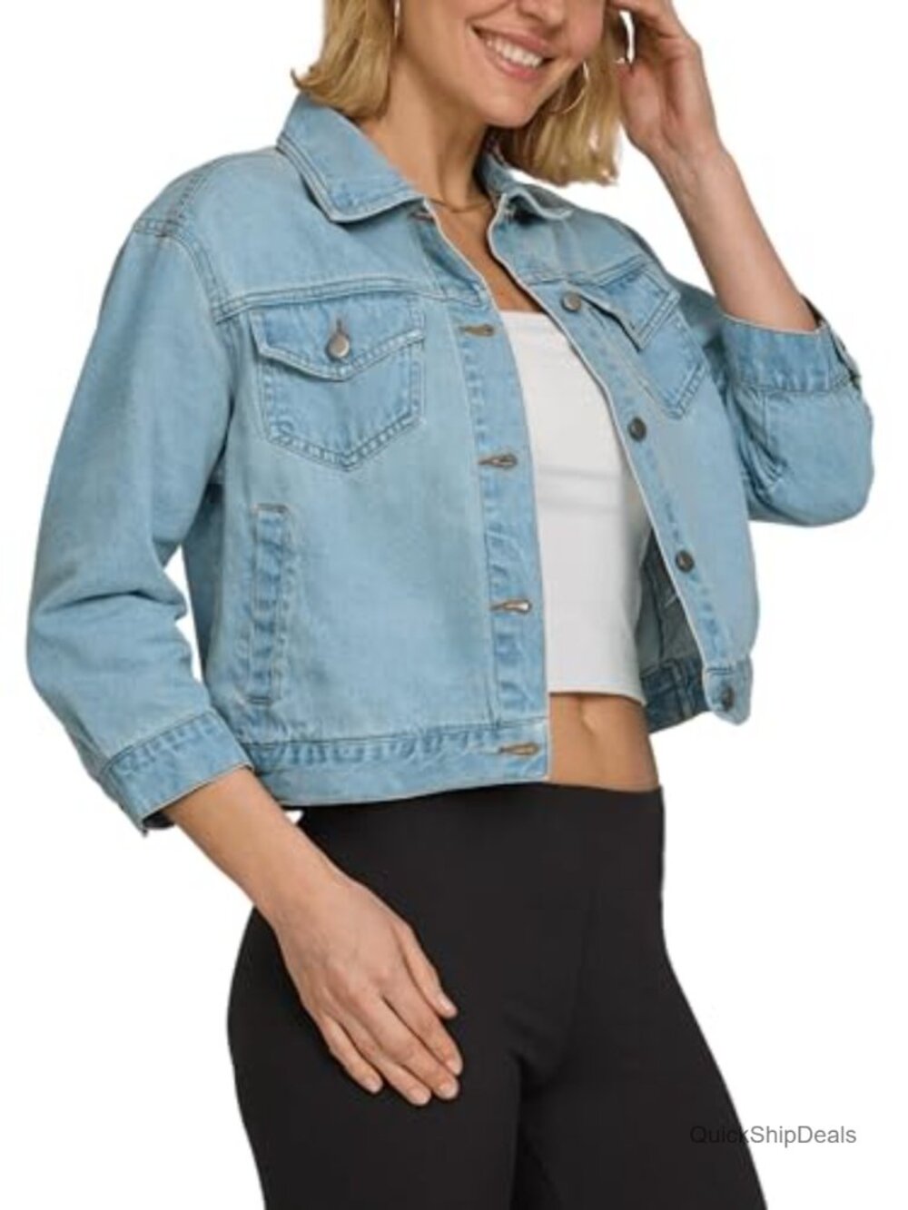 Womens Cropped Denim Jacket 3/4 Sleeve Button Up Casual Jean
